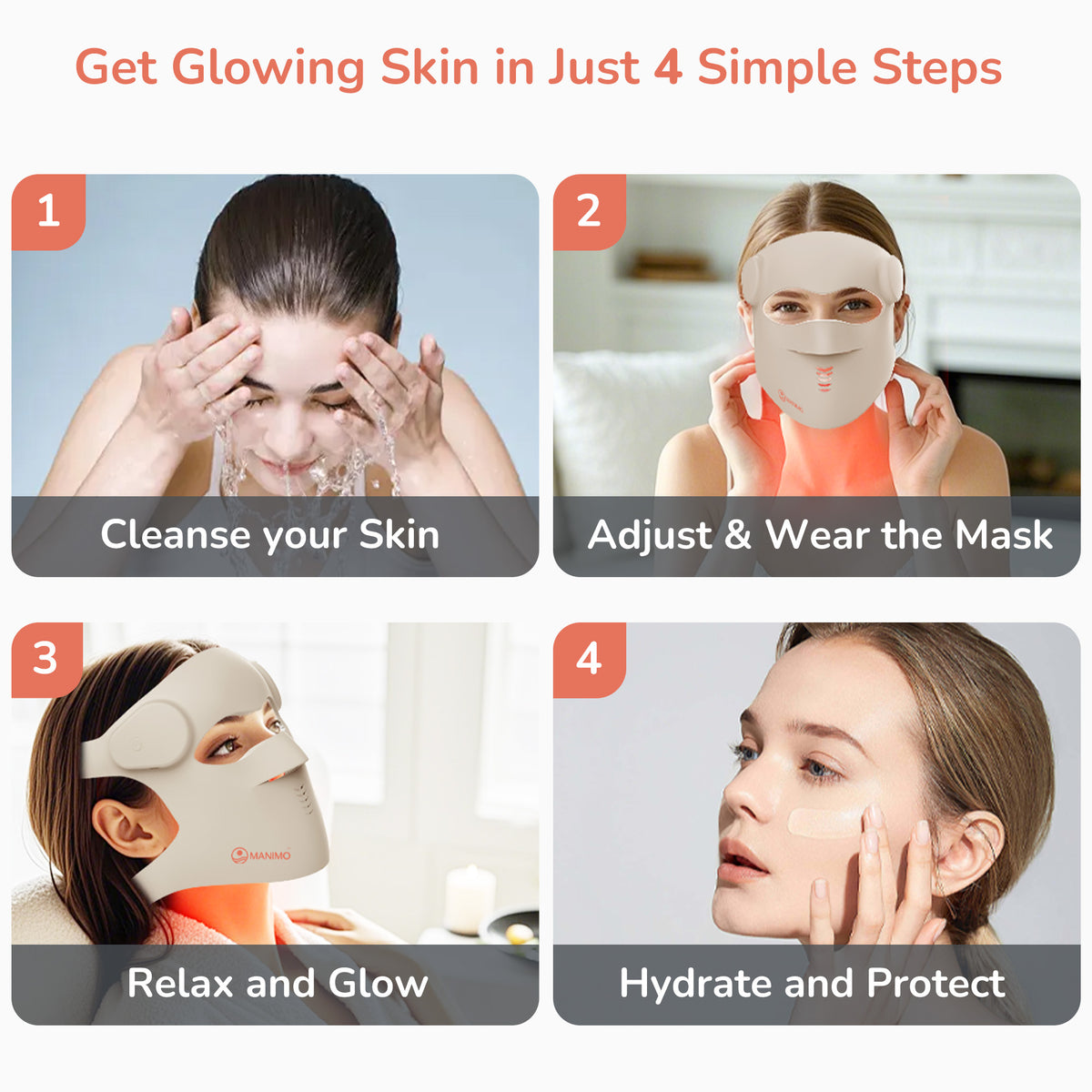 Step-by-step guide on using a facial mask and a woman applying it.