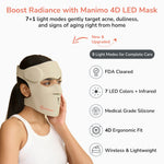 Manimo 4D LED Light Therapy Mask boost radiance, target acne, dullness and aging.