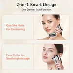 Two-in-one facial tool with Gua Sha  and face roller.