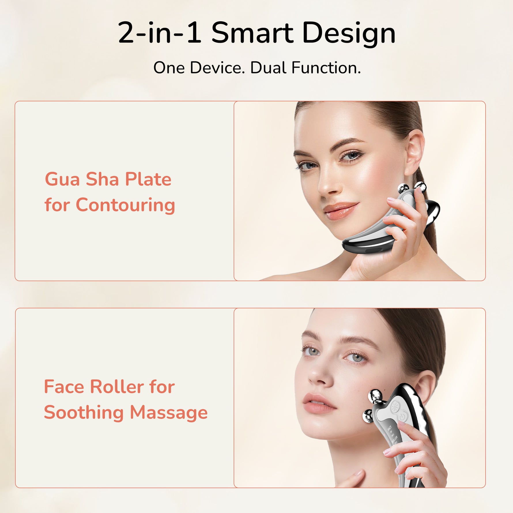 Two-in-one facial tool with Gua Sha  and face roller.