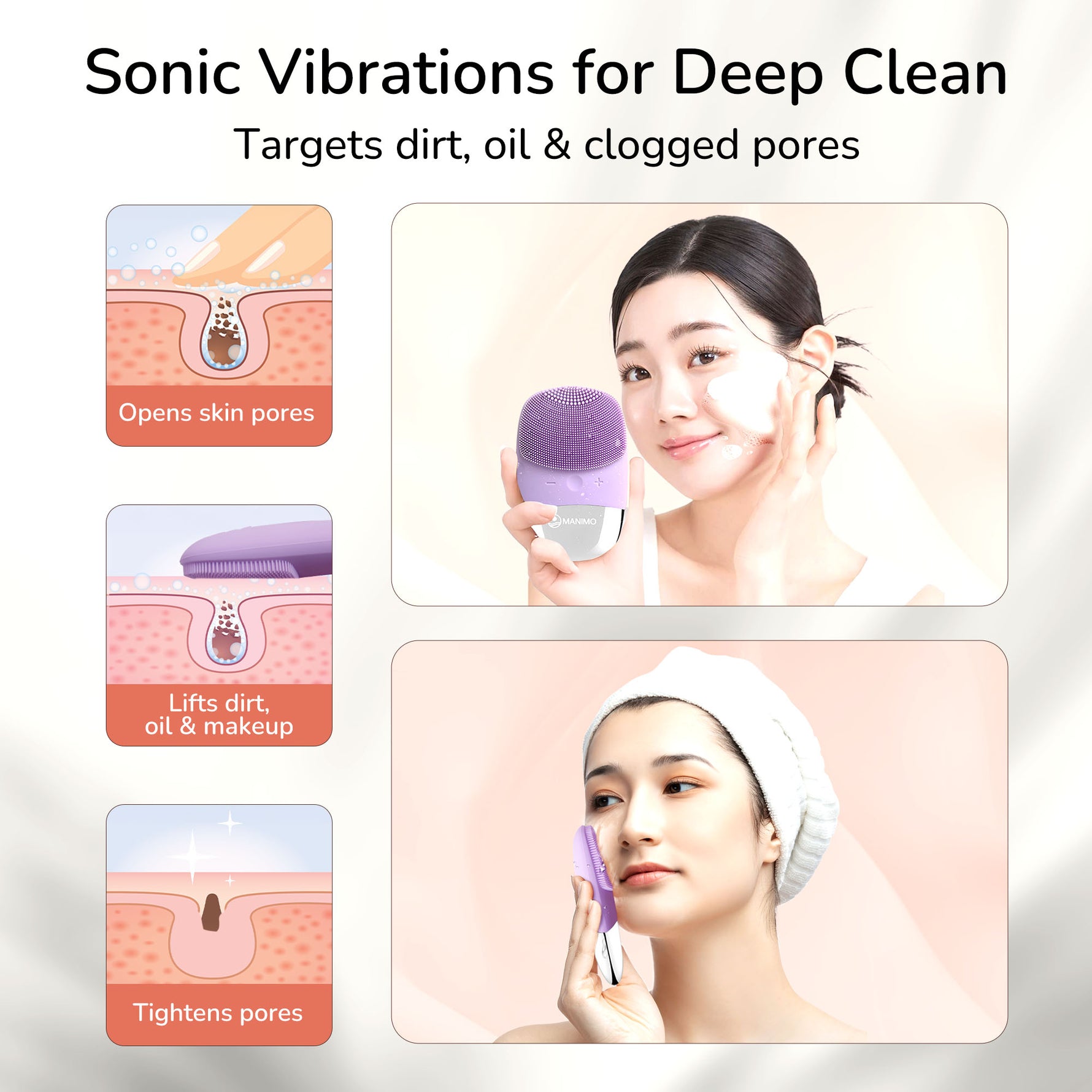 Manimo Cleansing Brush with sonic vibraions for deep clean. 